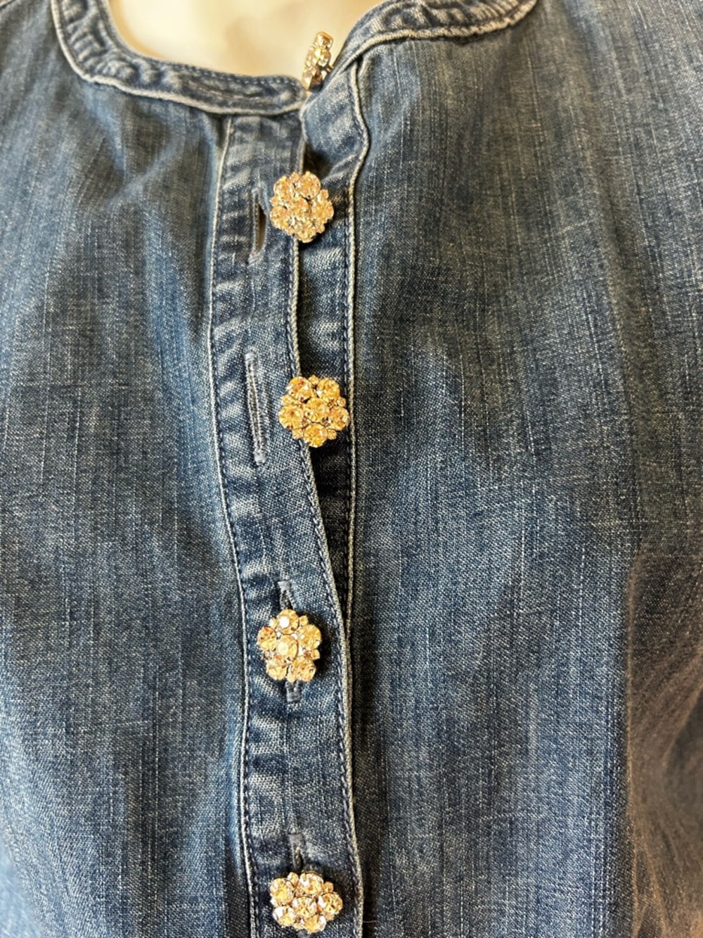 Talbots Petite Denim Chambray Shirt Rhinestone Jeweled Buttons Cotton SP